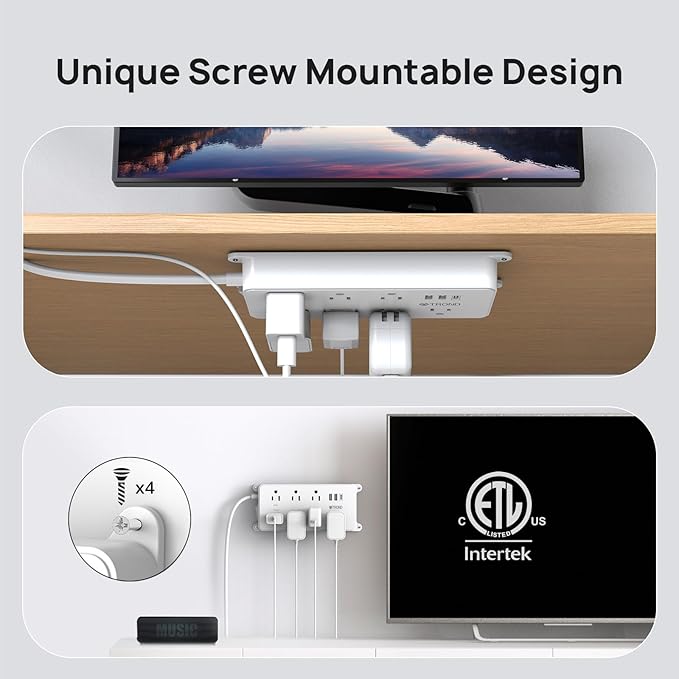 TROND Surge Protector Power Strip Flat Plug, 15ft Long Extension Cord, 7 Widely-Spaced Outlets with 2 USB-A & 1 USB-C, ETL Listed, 1700J, Wall Mountable, for Home Office Garage, White