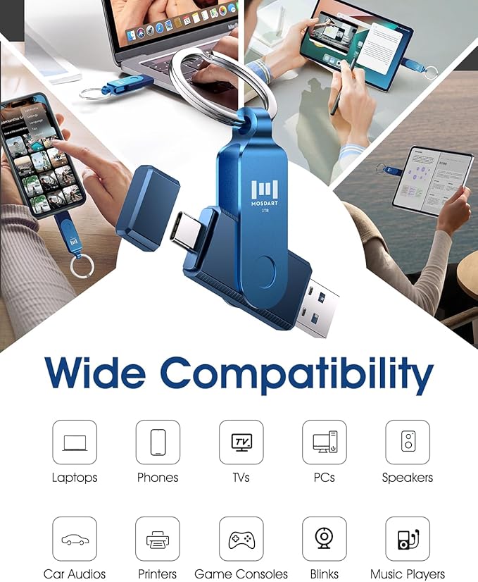 MOSDART 1TB Dual USB C Flash Drive, Speed Up to 150MB/S Type C 3.1 Thumb Drive with Keychain, for iPhone 15 and 16, Android Phone, iPad, MacBook, and Laptops, Navy Blue