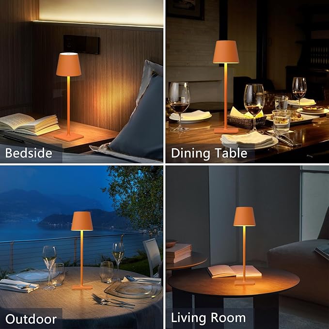 Orange Cordless Table Lamp Set of 2-3 Way and Stepless Dimmable - for Restaurant Dining Bedroom Home Bar