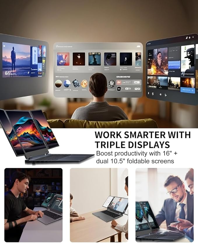 Triple Screen Laptop,16” Main + Dual 10.5” Monitors, Core i7-1270P, 32GB RAM,2TB SSD, Windows 11 Pro,Wi-Fi 6,BT 5.2,Face & Fingerprint Unlock,USB-C,HDMI for Business/Design/Stock Trading