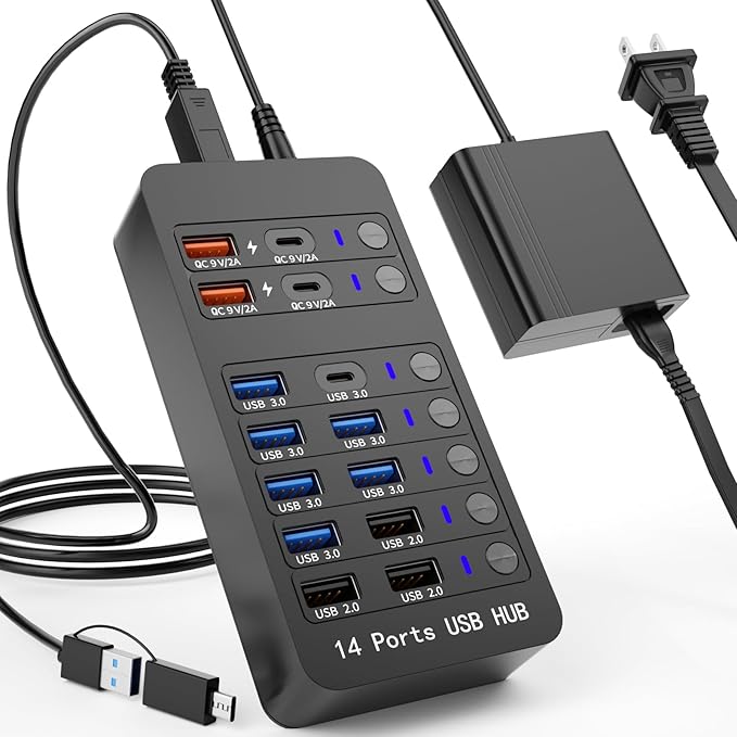 Powered USB Hub, 14 Ports USB Splitter Hub (10 Faster Data Transfer Ports+ 4 Smart USB Charging Port) USB Hub with LED Individual On/Off Switches for PC, Laptop, Desktop
