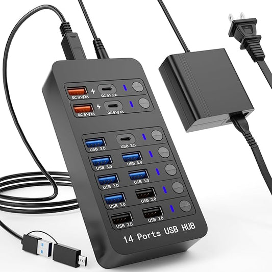 Powered USB Hub, 14 Ports USB Splitter Hub (10 Faster Data Transfer Ports+ 4 Smart USB Charging Port) USB Hub with LED Individual On/Off Switches for PC, Laptop, Desktop