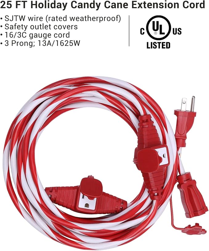 DEWENWILS 25FT Outdoor Extension Cord with Multiple Spaced Outlets Plugs, 16/3 SJTW Power Cord for Outdoor String Lights and Holiday Decorations, Appliances, UL Listed, Candy Cane