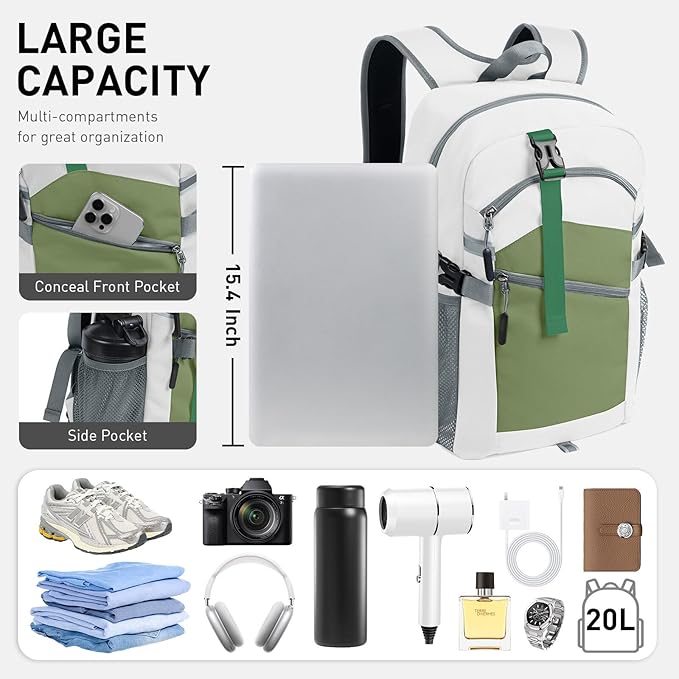 20L Lightweight Hiking Backpack for Men & Women – Small Travel Daypack with Phone Pocket – Durable & Compact for Hiking,Traveling,Camping,and Outdoor Adventure,White