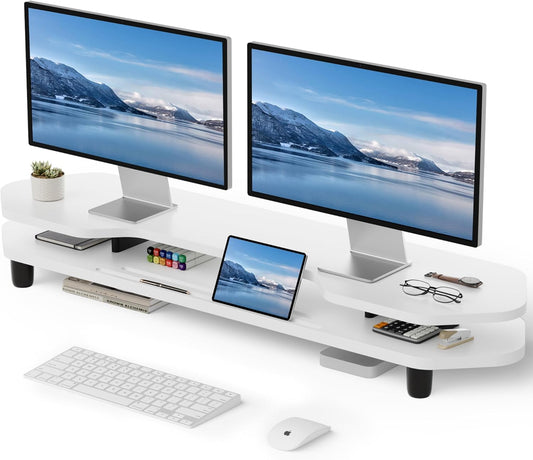 2 Tier Dual Monitor Stand Riser,Wider Board Computer Monitor Stand for 2 Monitors,Slot For Phone/Tablet Office Desktop Organizer for Laptop,PC,Computer,Printer,White