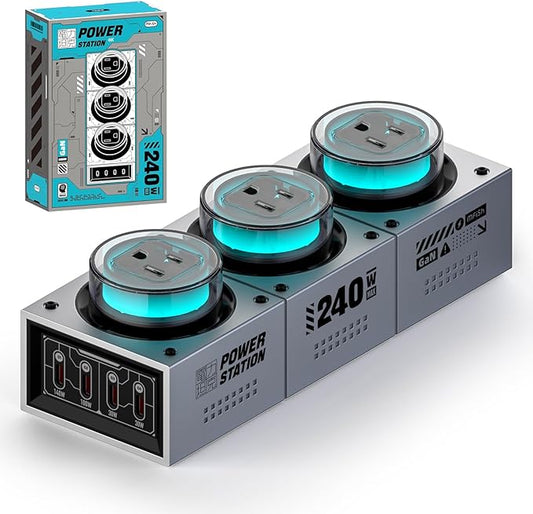 Mfish 240W GaN Charging Station, Super-Fast 7-Port Power Station, USB C Charger Block with RGB Ambient Lighting, Power Strip for MacBook, iPhone 16/15/14, Galaxy, and More (Silver)