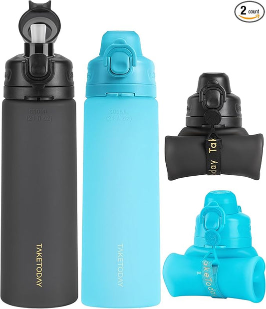 TakeToday Collapsible Water Bottles 20oz, Leak Proof, BPA-Free, Foldable Silicone Travel Water Bottle with Straw Strap for Cycling, Hiking, Outdoors