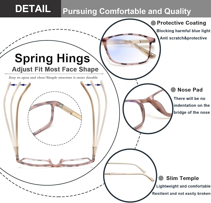 Professional Reading Glasses for Men/Women, Blue Light Blocking Computer Readers with Spring Hinges for Glare and UV Protection