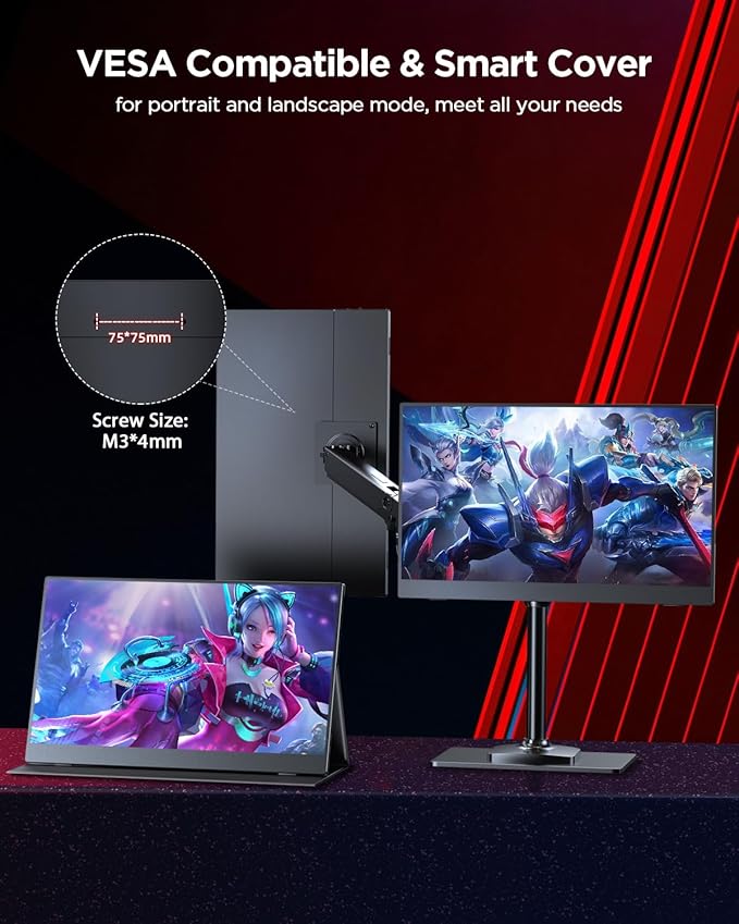 UPERFECT 2K 120Hz Portable Gaming Monitor, 16" 2560x1600 QHD 16:10 400 Nits Portable Monitor for Laptop w/VESA & Cover HDR FreeSync Eye Care External Second Screen for PC Phone Game Console