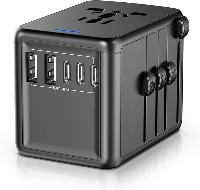 Universal Travel Adapter, 6.0A 30W 5 USB C/A Ports + AC Outlets International Power Adapter for All USB Devices, Type I C G A Plugs 110V 220V A/C, European Travel Plug Adapter for 200+ Countries