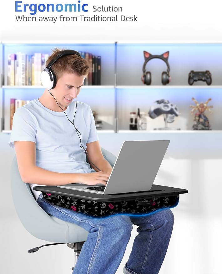 Lap Desk - Portable Laptop Stand & Desk, Fits Up to 17.3 in, Washable Cushion, Built-in Phone Holder & Mouse Pad - Gaming, Eating, Writing, Working on Bed, Couch,Floor - L.DOCTOR(Large, Crown Skull)