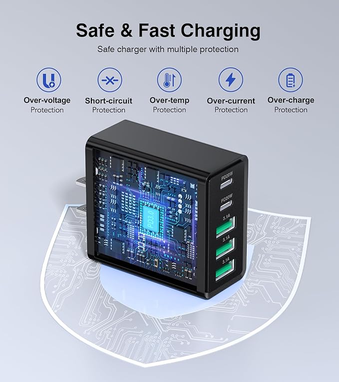 [2-Pack] USB C Wall Charger, 50W USB C Charger Block 5-Port PD Fast Charging Blocks,2USB C+3USB A Multiport Plug,Type C Power Adapter Brick Cube for iPhone 17/16/15/14/13/Pro,Samsung,for Switch（Black）