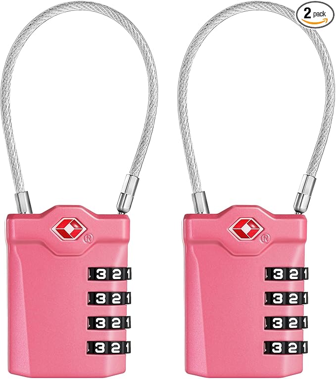 ZHEGE Travel Locks TSA Approved, 4 Digit Cable Luggage Locks with Inspection Indicator for Suitcase, Backpack, Cabinet, Toolbox, Gym & School Locker (2 Pack, Pink)