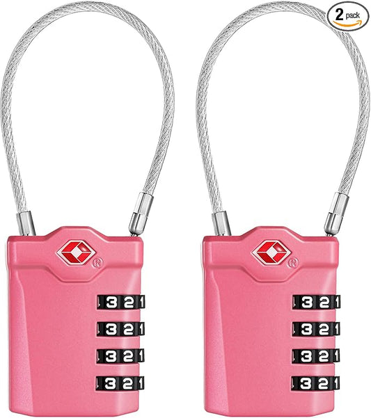 ZHEGE Travel Locks TSA Approved, 4 Digit Cable Luggage Locks with Inspection Indicator for Suitcase, Backpack, Cabinet, Toolbox, Gym & School Locker (2 Pack, Pink)