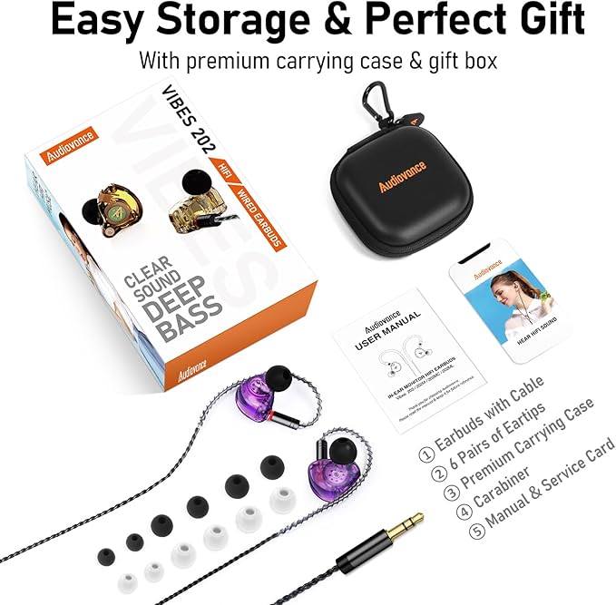 Vibes 202 Wired Earbuds - HiFi in Ear Monitor Headphones – Professional Noise-Isolating Ear Buds - Clear Sound, Deep Bass & Comfort-Fit IEM Earphones - MMCX to 3.5mm, Silver Plated Cord, Carrying Case