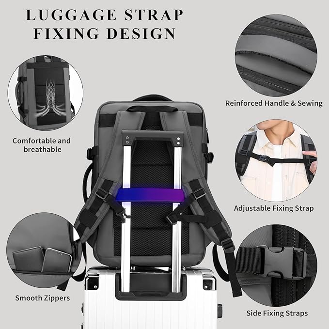 Travel Backpack for Men Women, Expandable Backpacks with Charging Port for Business Work Commute Casual, Grey