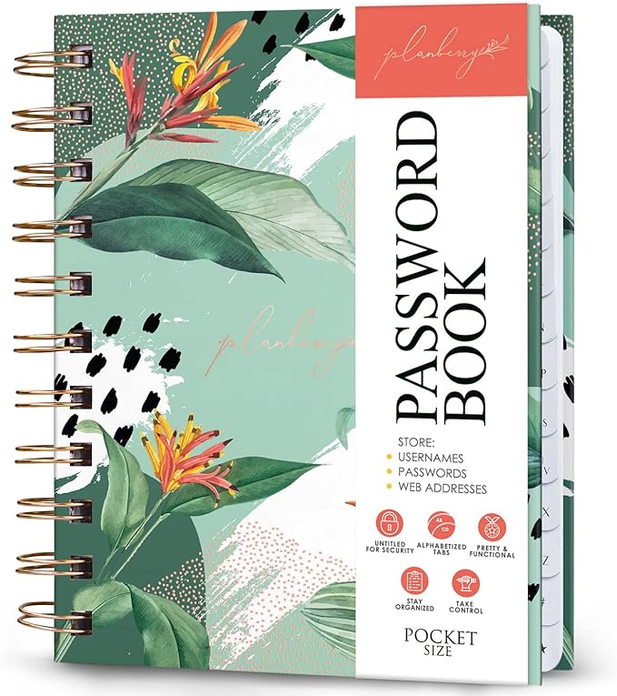 PLANBERRY Password Book Premium – Small Internet Address Organizer with A-Z Tabs – Pocket Website Password Keeper with Alphabetical Tabs – 4.7x5.7″, Hardcover (African Green)