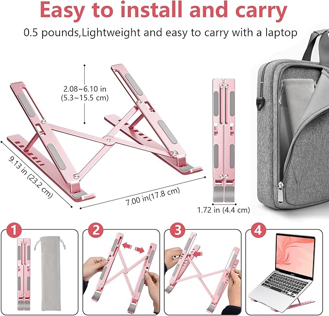 Laptop Stand for Desk, Aluminum Metal MacBook Stand，Computer Riser for Desk, Portable Foldable Adjustable Notebook Holder, Compatible with 10-15.6 Inch Laptops, iPad, Rose Gold.