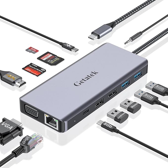 Getatek12-in-1 Docking Station with 4K HDMI,VGA,Ethernet,USB A 3.0 Data Port and USB C 5Gbps Port,100W PD Charging,SD/TF/MS Card Reader and 3.5MM Audior for MacBook, Acer, Laptops, Surface and More