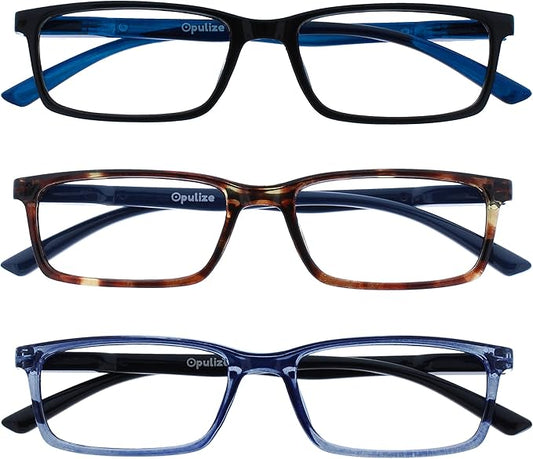 OPULIZE SEE Reading Glasses with Blue Light Blocking for Women and Men, Narrow Frame, Spring Hinges, Computer Gaming Glasses, Black,Brown,Blue +3.5 (Pack of 3)