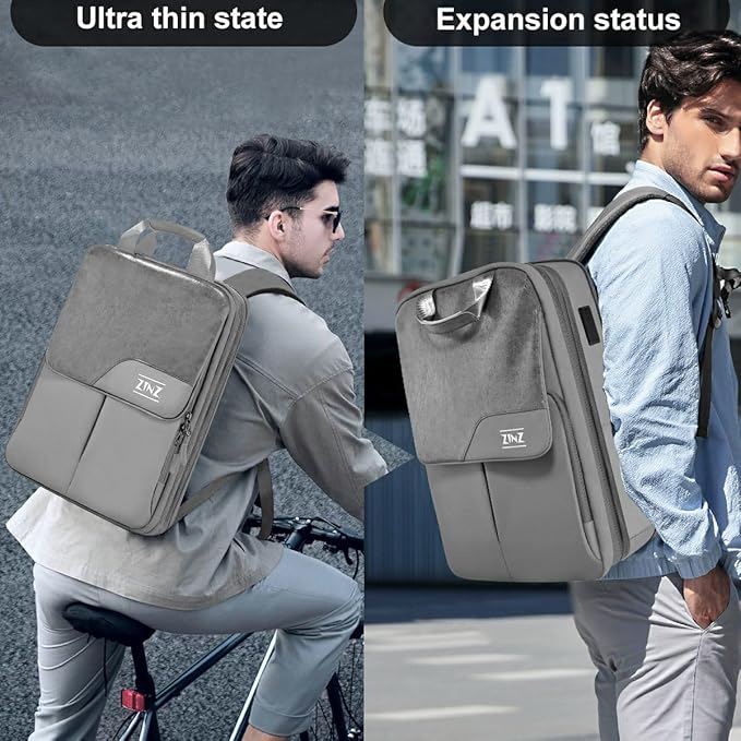 ZINZ Slim & Expandable Laptop Backpack 15.6 16 17 inch Travel Business Backpack Water-Resistant Daypack for Men and Women，Grey