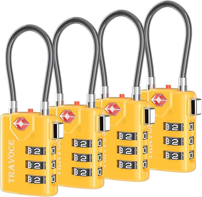 Search Alert TSA Approved Travel Combination Luggage Cable Locks for Suitcase, Gym Locker,Toolbox,Backpack 1,2,4,6 &10 pk (Yellow 4 Pack)
