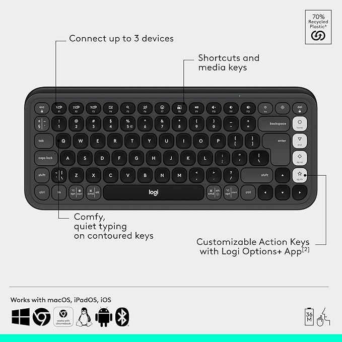 Logitech POP ICON Combo, Bluetooth Keyboard and Mouse Combo, Comfortable Typing, programmable Keys and Buttons, Quiet clicks, Easy-Switch up to 3 Devices - Graphite and Off-White