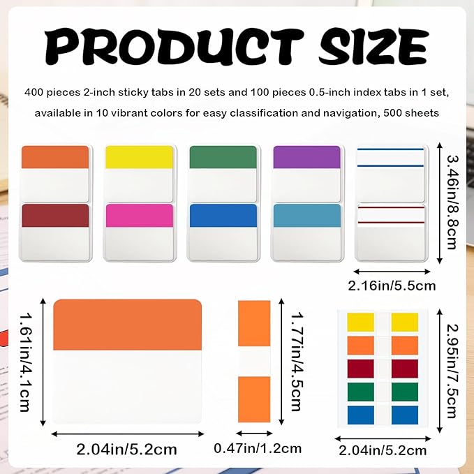 500 Pieces Sticky Index Tabs, Writable & Repositionable Page Markers, 2 Inch File Tabs for Notebooks, Books, Binders, Folders, Tab Dividers Stick On, 10 Colors, 21 Sets (Vibrant, 500pcs)