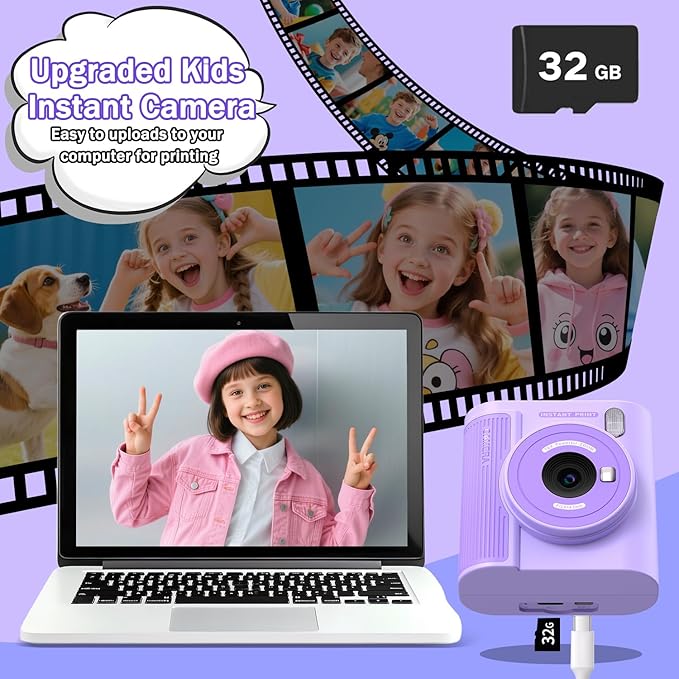 Upgrade Kids Camera Instant Print for Ages 3-12, Portable Instant Print Camera with HD Digital Video, Perfect Christmas Birthday Gift for Boys & Girls, Includes 32GB SD Card - Purple