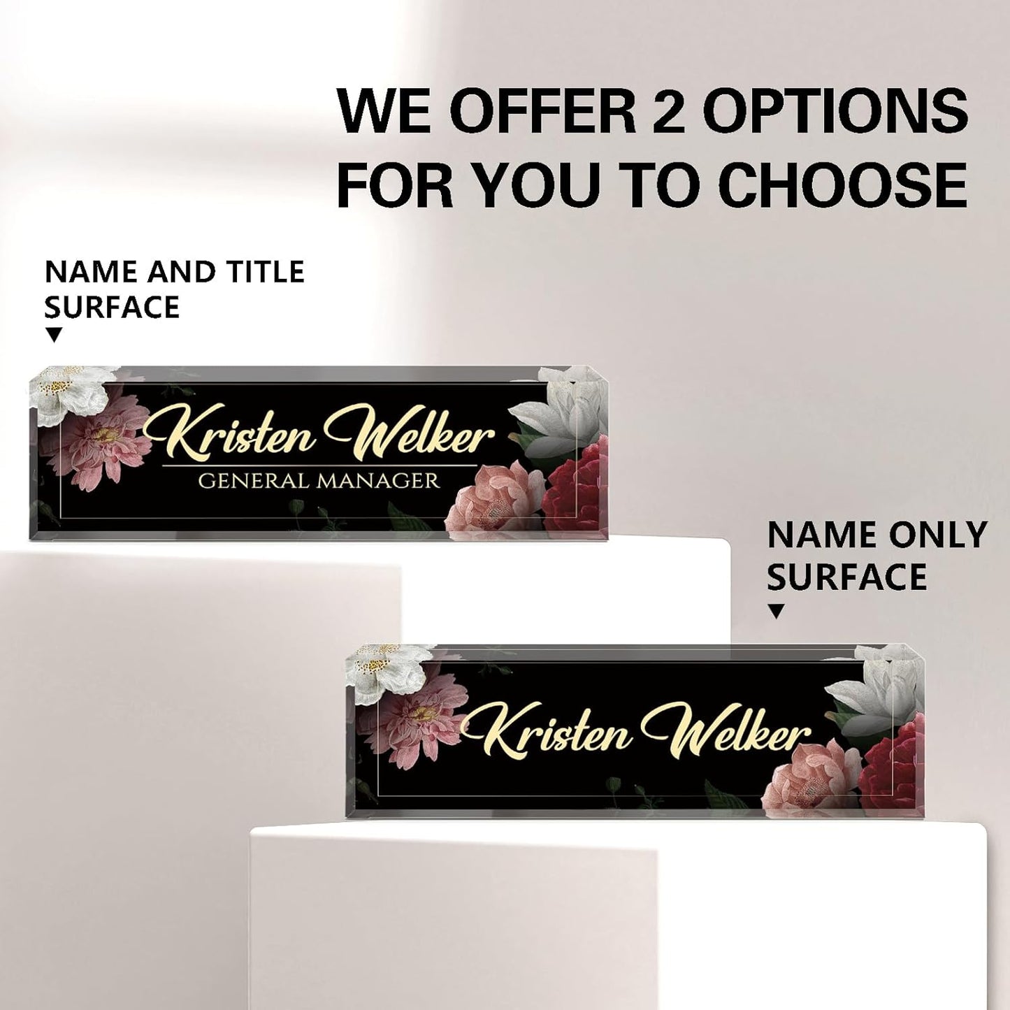 Name Plate for Desk, Desk Name Plate Personalized, Office Decor for Women Men, Acrylic Desktop Accessories, Office Appreciation Gifts for Boss Social Workers Nurse Teacher Employee (Black/Flowers)