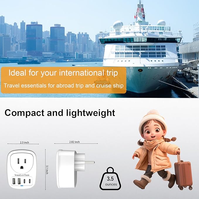 2 Packs Type E F France Plug Adapter, VooLerTun Germany Travel Adapter with 4 USB Charger Ports (2 USB C), 1 American Outlet Adapter. US Converter for EU European Travel Essential