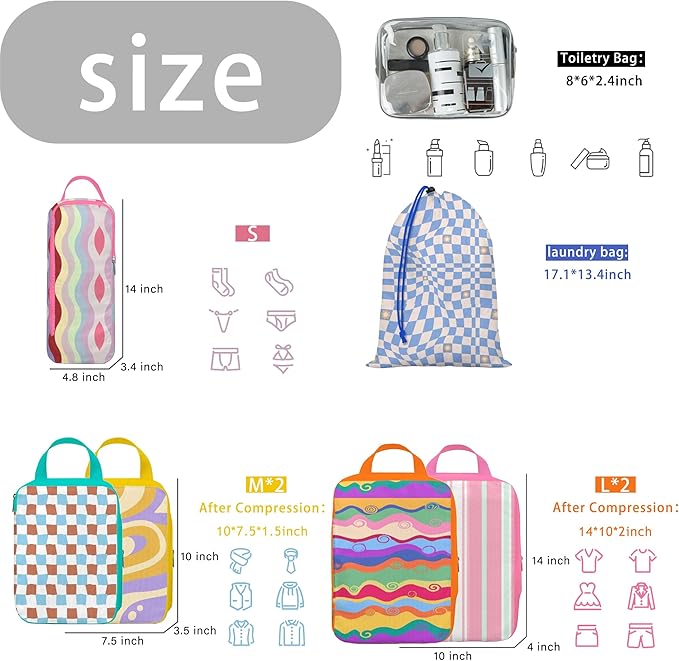 8 Pcs Compression Packing Cubes Travel for Suitcases, Waterproof Luggage Organizer Washable Storage Bags Set for Backpack Travel- Packaging Cubes for Carry-Ons and Storage