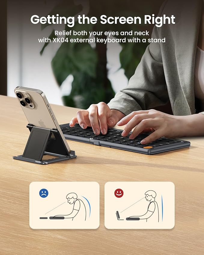 ProtoArc Foldable Compact Keyboard, XK04 Portable Bluetooth Keyboard with PU Leather Cover, Pocket-Sized Wireless Travel Keyboards for iPad, iPhone, Smartphone, Tablet and Laptop- Gray