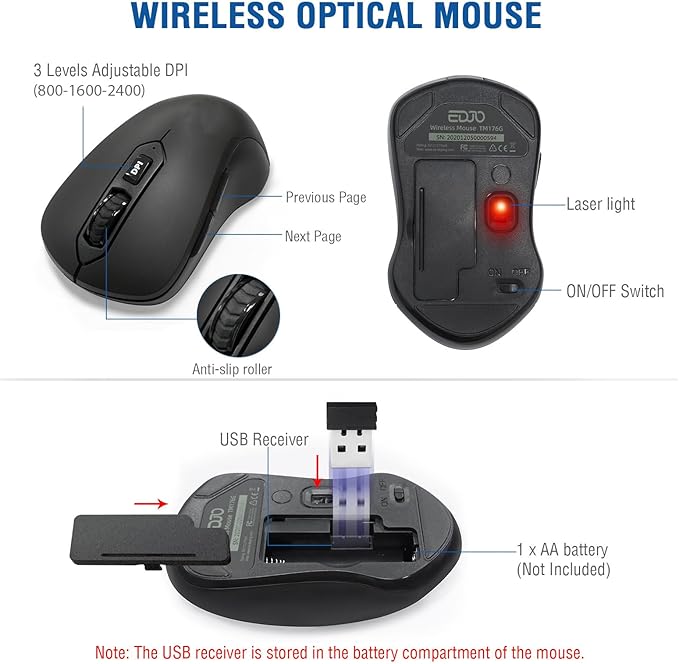 Wireless Keyboard and Mouse Combo, EDJO 2.4G Full-Sized Ergonomic Computer Keyboard with Wrist Rest and 3 Level DPI Adjustable Wireless Mouse for Windows, Mac OS Desktop/Laptop/PC(2 Pack)