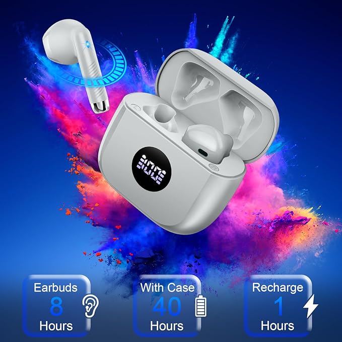 Wireless Earbuds, Bluetooth 5.4 Ear Buds LED Power Display Headphones Bass Stereo, Bluetooth Earbuds in-Ear Noise Cancelling Mic, 40H Playback Mini Case IP7 Waterproof Sports Earphones for Android iOS
