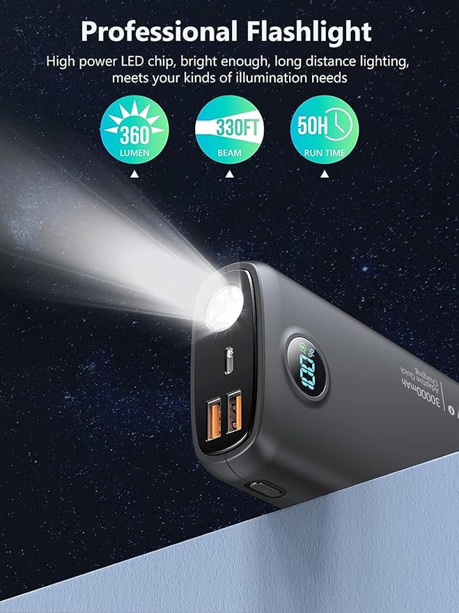 Portable Charger, 30000mAh QC4.0 PD3.0 30W USB C Fast Charging, Power Bank with 3W Flashlight and Led Display, External Battery Pack Travel Essentials for iPhone 17 16, Galaxy, LG, Tablet, and More