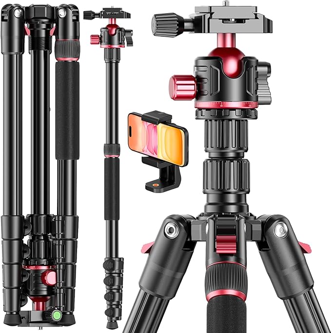 CAMBOFOTO 80“ DSLR-Camera-Tripod, Photography 360 Ball Head Professional Aluminum Tripod & Monopod with Carry Bag Compatible with Canon Nikon Binoculars Laser Telescope (Weight 3.35 Lbs, 15Lbs Load)