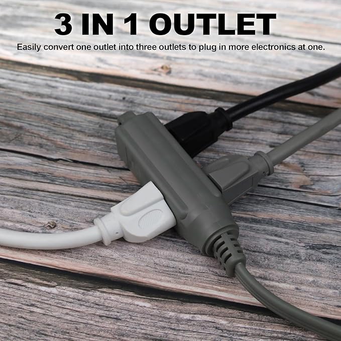 EP 1 Ft 3 Outlet Extension Cord with Flat Plug, 3 Prong Grounded, 16/3 SPT-3 Power Cable for Indoor Use, Grey, 2 Pack