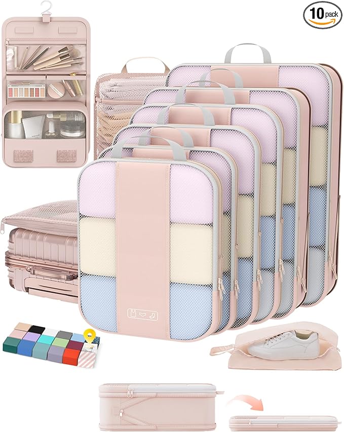 10 Set Compression Packing Cubes for Travel Women Mom,OlarHike Luggage Clothes Storage Gifts for Travelers,Airplane/Cruise/Car/Train Travel Essentials,Compressible Expandable Saver Space Bags(Beige)