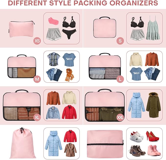 8 PCS Compression Packing Cubes for Travel Women, Compression Bags Organizer for Luggage Space Saving Travel Essentials and Carry on, Luggage Organizer Bags for Suitcase - Pink