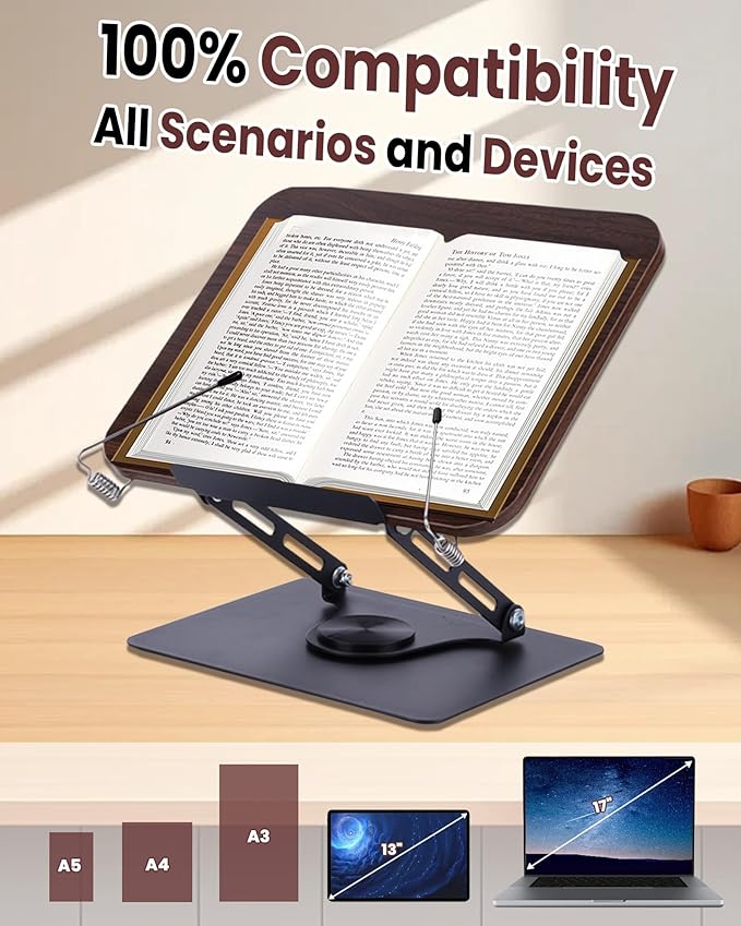 ASIEIT Book Stand for Reading, Adjustable Book Holder with 360° Rotating Bases & Elastic Page Clips, Foldable Bible Stand, Portable Reading Stand for Bible, Recipe, Magazine, Tablets, Laptops, Brown