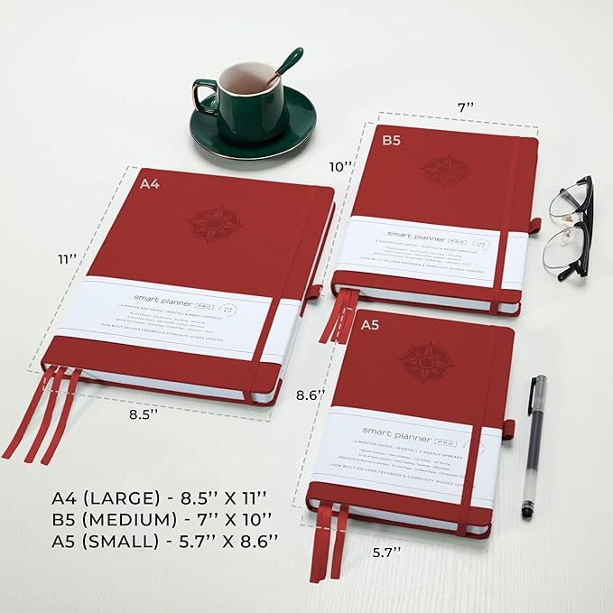 Smart Planner Pro – Undated Daily Planner – Large A4 – Achieve Goals & Increase Productivity with Weekly, Monthly, Work Sections - Organizer Diary with Back Pocket, 3 Satin Bookmarks & Pen Holder