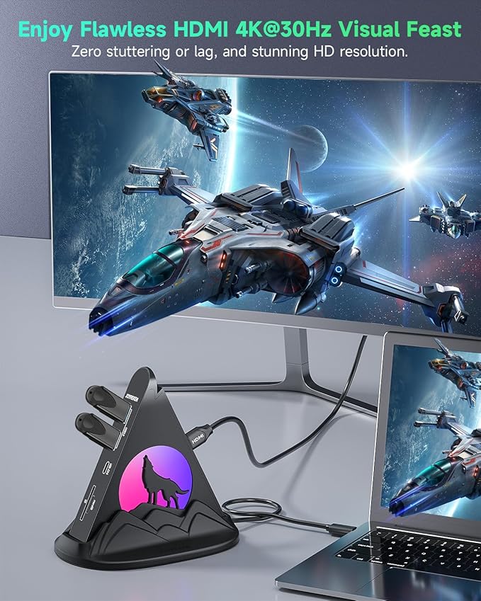 USB C Hub Multiport Adapter, 8-in-1 USB C Dock with HDMI 4K@30Hz, PD 100W, 5Gbps USB-A 3.0x3, USB-Cx1, SD/TF Card Reader, Wolf Gaming RGB USB Tower Hub for MacBook, iPhone16, XPS, Surface, iPad, etc.