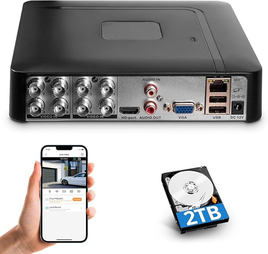 Fuers 8CH Security DVR Recorder for Home Security Camera System, Only Work with 2MP/3MP/4MP/5MP HD Analog Cameras, 24/7 Recording to Pre-Installed 2TB Hard Drive, Mobile APP & PC Remote