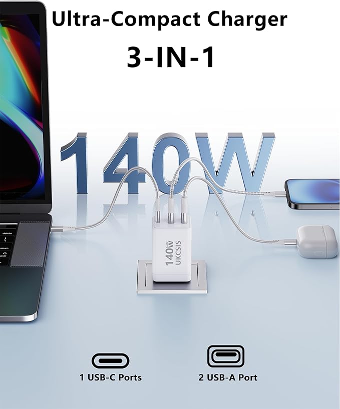 2Pack Mac Book Charger 140W, USB C Fast Charger Foldable 3-Port Multi-Device Fast Power Adapter, USB C Charger for MacBook pro/Air, Dell, Samsung Galaxy, iPad Pro, and More(White)
