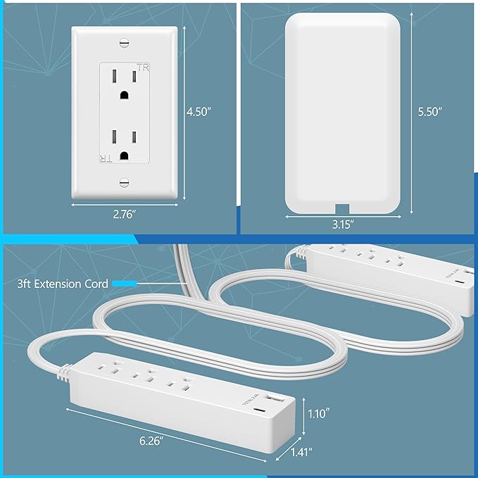 LIDER Outlet Extender with 3 Receptacles, 2 Power Strip with USB Type-A and Type-C Charger, USB Port, Ultra-Thin Wall Plate Plug with Cord Extender, 3-Outlet Power Strip, 3ft Cord, ETL-Listed, White