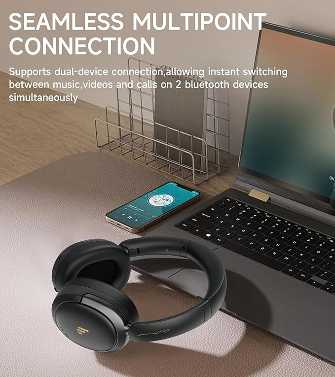 Atom Max - Hybrid Active Noise Cancelling Headphones, Hi-Res Audio, Wireless Over-Ear, Foldable, 45H Playtime, Fast Charging, Customize via an App, Bluetooth v5.4, ANC Headphones, Black