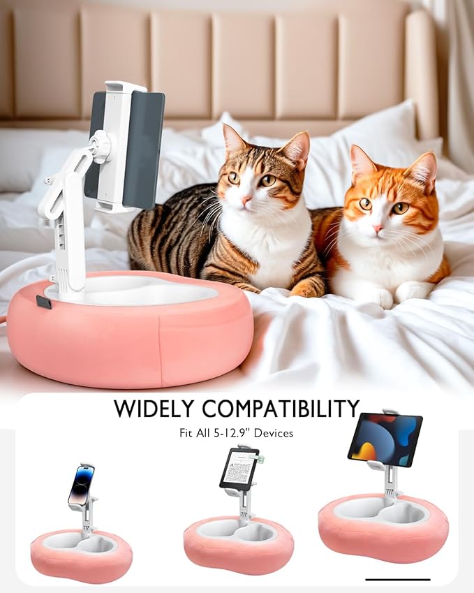 Tablet Pillow Stand, Compatible with 5"-12.9" Kindle, iPad, Phone/Tablet, Google, Samsung, 360° Rotating Phone Holder for Bed, Soft Plush Fabric, Detachable Bowl, Reading and Relaxation on Bed, Pink