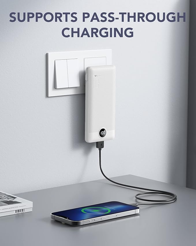 VRURC Portable Charger,Power Bank Built-in Cables and AC Wall Plug, USB C Portable Bank 10000mAh, Travel Essentials Phone Charger Compact External Battery Pack for Smart Phones, Tablets etc-White