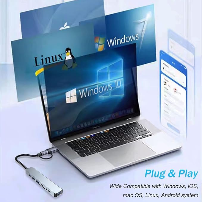 USB C Hub USB Hub 3.0, VIENON Aluminum 8 in 1 USB Extender with SD/TF Card Reader, 3.5mm Aux Headphone Jack for MacBook Pro Air and More PC/Laptop/Tablet Devices